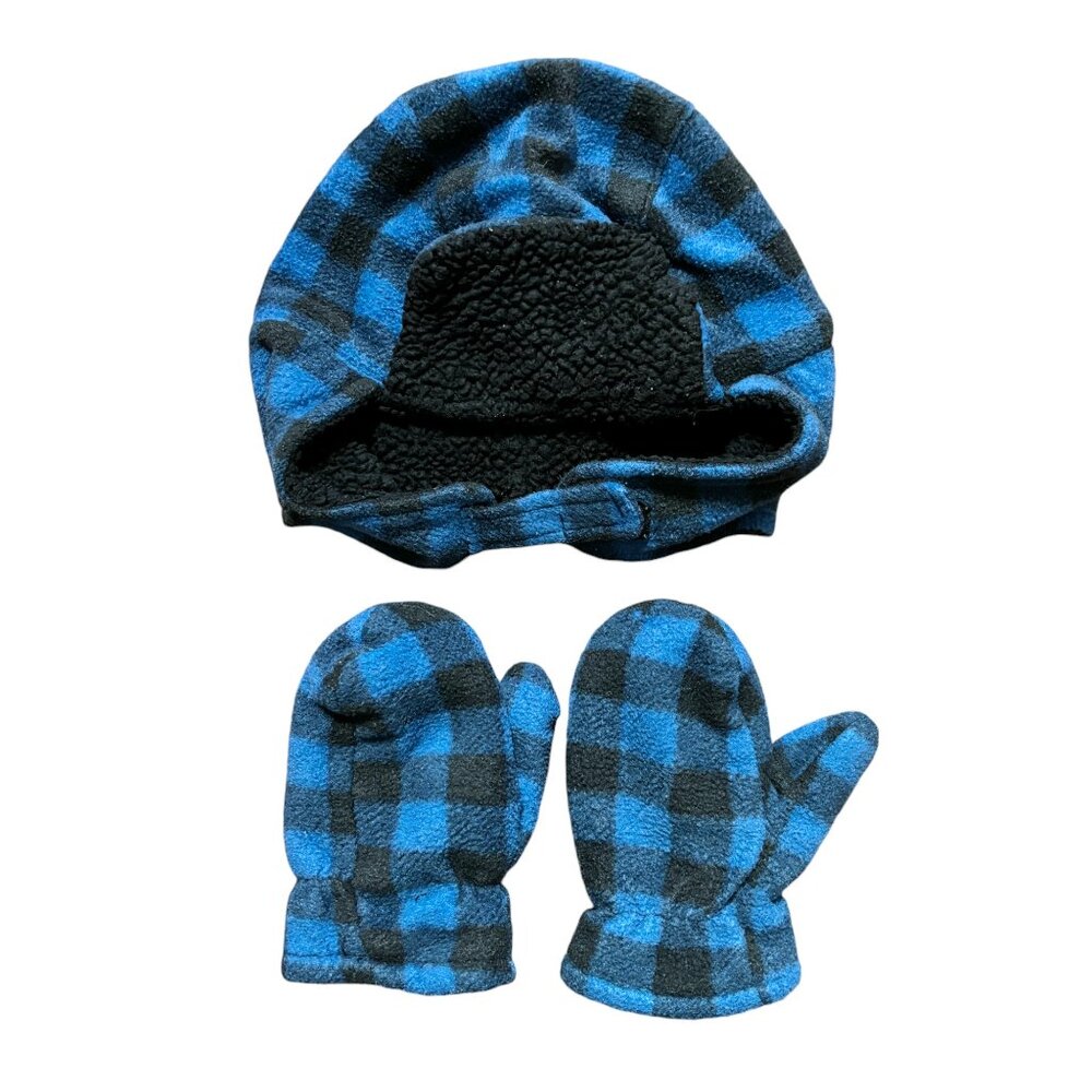 N'ICE CAPS Check Plaid Cap and Mittens Fleece Sherpa Blue Black TODDLER SIZE
